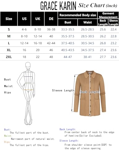 GRACE KARIN Maglione da Donna con Risvolto Cardigan Manica Lunga Button Down Maglione Classico con Tasche