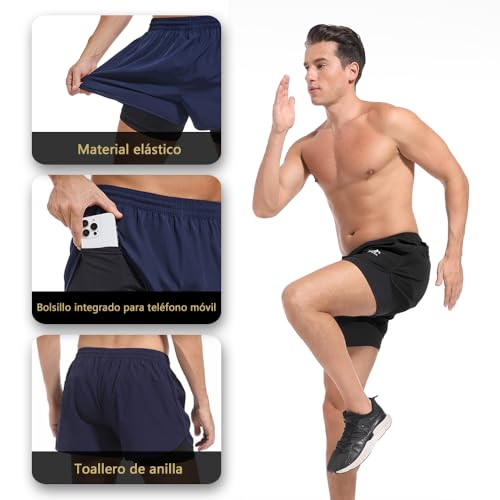 LORSPORTCH Pantalones Cortos de Running 2 en 1 para Hombre Fitness Entrenamiento maratón al Aire Libre Hombre 01 Negro XL - imagen 4