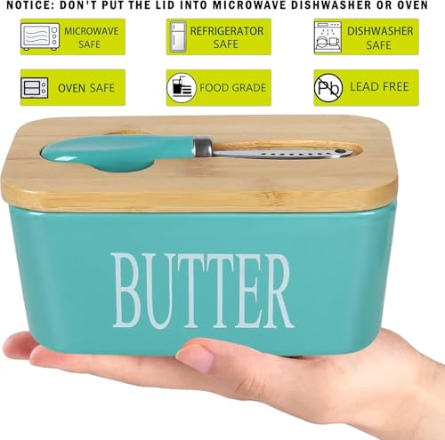 Image of Ceramic Butter Dish with Wooden Lid, Airtight Butter Keeper for Counter or Fridge with Stainless Steel Multipurpose Butter Knife, Butter Container with Double High-Quality Silicone(Light Blue)