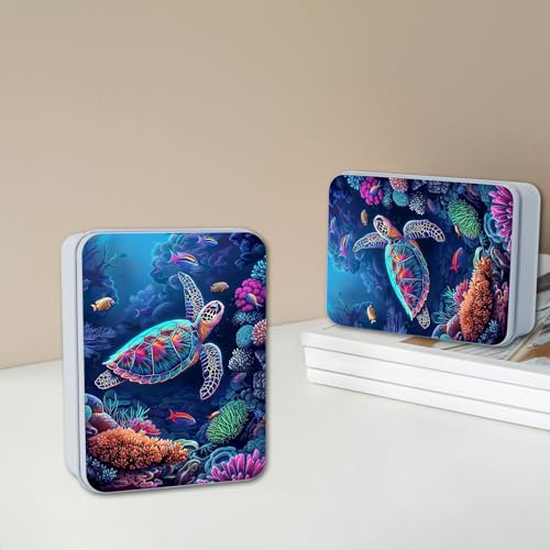 Image of Metal Tin Box with Lid for Game Cards Home Large Organizer Candles Keys Crafts Storage - Comes with 4 Magnetic Cord Clips,Sea Turtle