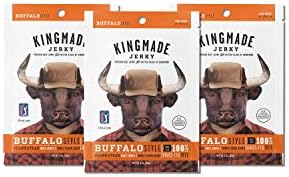 Kingmade Beef Jerky Buffalo Premium Grass Fed Flank Steak Cuts, Gluten Free, No MSG Added, Natural Protein Snacks with No Nitrates & Nitrites (3 Pack)