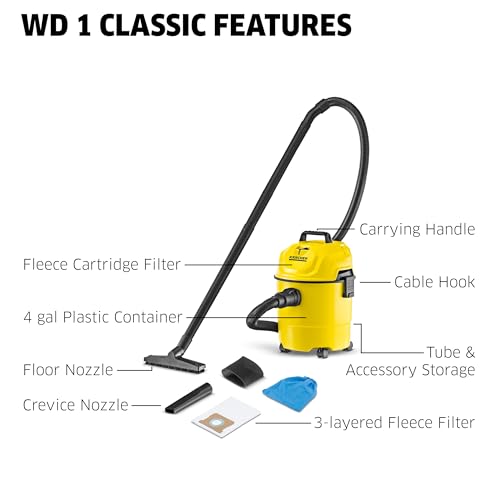 Image of Karcher WD 1 Classic Multi-Purpose 4 Gallon Wet-Dry Shop Vacuum Cleaner with Floor Nozzle, Crevice Nozzle, Blower Feature, Compact Space-Saving Design, 900W