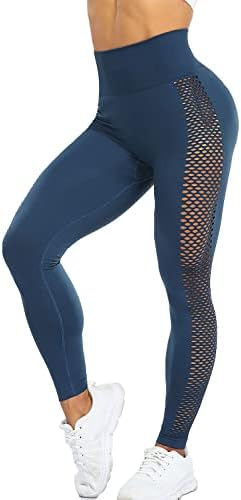 YIARBID Mesh Leggings for Women High Waist Tummy Control Athletic Gym Running Yoga Workout Pants(A-Mesh 04#Blue,M)