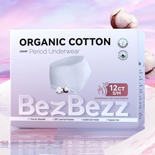Organic Cotton Disposable Period Underwear for Women, Postpartum Diapers, Incontinence Pads for Sensitive Skin, Unscented, 360° Leakproof Panties Heavy Flow Overnight, Size S/M, 12 Count