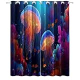 Cortinas Salon Océano Bioluminiscencia Medusas Corales para Niños Niñas Cortinas De Ojales Dormitorio Azul Oscuro Blackout Curtain Suave para Ventanas De Habitación 2 Cortinas opacas 100 x 110 cm