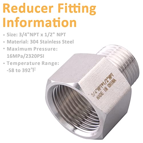 Image of Forged Reducer Adapter Fitting - Stainless Steel 304 Reducing Pipe Connector, 3 /4 inch NPT Female x 1 /2 inch NPT Male (pack of 2)