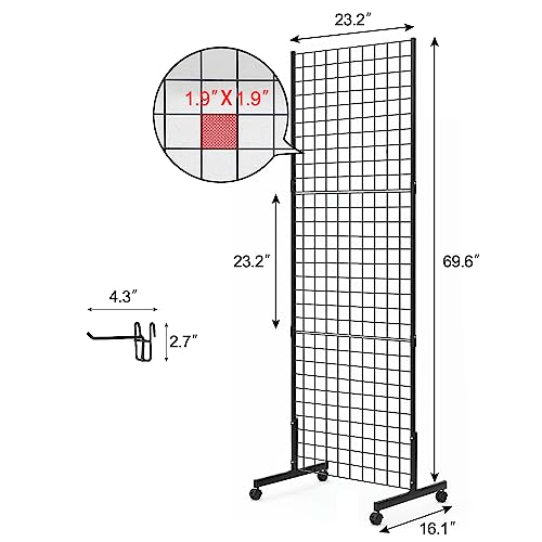 Eastern Tree 1 Pack 2'x 5' Three Pieces Gridwall Panels Stand with T-Base, Black Wire Grid Wall Rack with Wheels, Craft Display Rack, Retail Display Stand, Extra More 8 Pieces Hooks