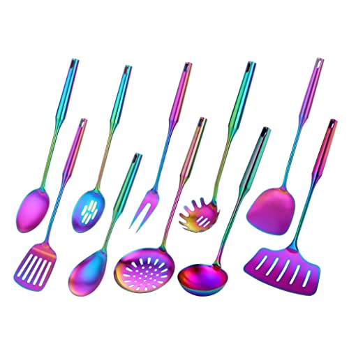 JJZXD Herramienta de Cocina Servidor de Cocina de Acero Inoxidable Utensilios de Cocina de Mango Largo Espátula Mate Turner ranurado (Color : A, Size : 10pcs) Cover