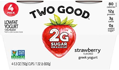 Two Good Strawberry Flavored Lower Sugar, Low Fat Greek Yogurt Cultured Product, Gluten Free, Keto Friendly Healthy Snacks, 4 Count, 5.3 OZ Snack Cups