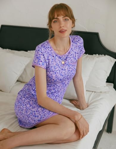 Image of Ekouaer Womens Nightgown Sleep Shirt Dress Satin Patchwork Short Sleeve Sleepwear with Pocket