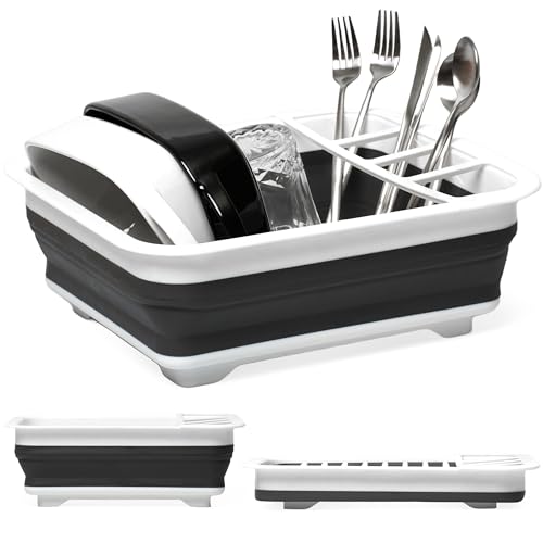 BEAST COOLER ACCESSORIES Collapsible Dish Drying Rack - Durable 4-Compartment Utensil Drainer for Kitchen, RV Camping Essentials - Compact Dinnerware Organizer, Sink Dish Storage, Gray - 4.9"x14"x12"