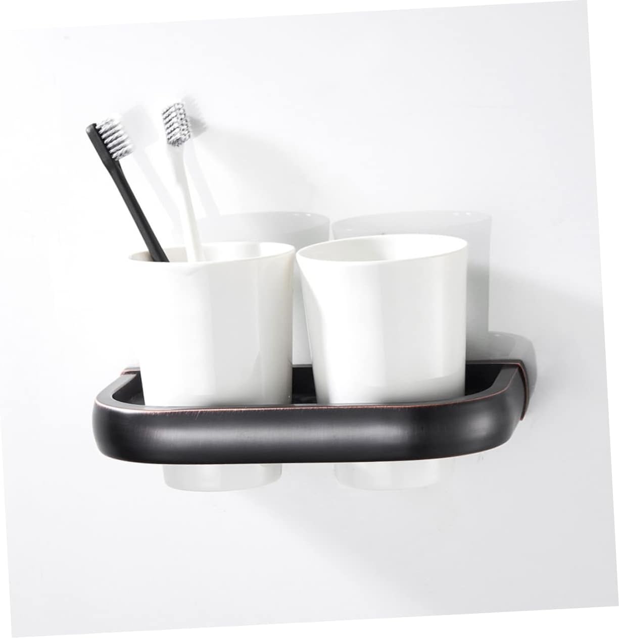 Mobestech Ceramic Double Cup Holder Wall Mounted Toothbrush Organizer Vintage Antique Copper Finish for Bathroom or Hotel Heavy Duty Tumbler Rack Easy Installation