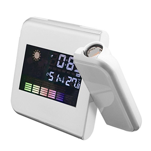 Bashley Numérique Projection Réveils,Projection Réveil Rétro-éclairage LCD Intérieur Température,USB Port de Chargement,Roupillon,Calendrier-Blanc