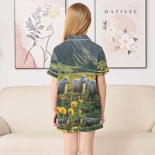 ALAZA Sheep Field Flower Blossom Mountain Satin Pajamas Set Short Sleeve Button Down Sleepwear Summer Pjs 2 Piece4