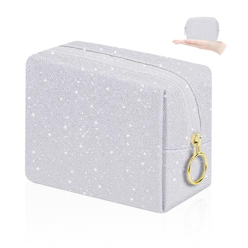 Desing Wish Shining Mini Makeup Bag for Purse Portable Lipstick Pouch Soft PU Leather Small Cosmetic Bag for Travel Cute Lipstick Bag for Chapsticks/Makeup/Keys/Earphones (Glitter White)