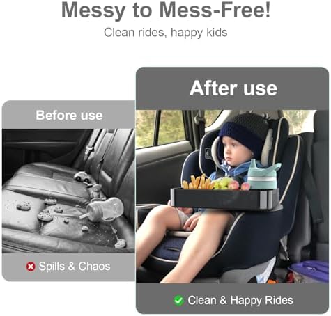DOKNAAM Car Seat Snack Tray for Toddlers - 3 Inch Cup Holder Fits Most Sippy Cups & Straw Bottles with Dip Well, Mess-Free Square Kids Travel Tray Road Trip Essentials, Black - 3