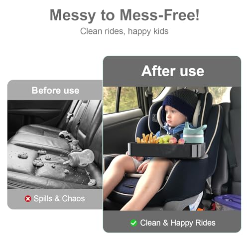 DOKNAAM Car Seat Snack Tray for Toddlers - 3 Inch Cup Holder Fits Most Sippy Cups & Straw Bottles with Dip Well, Mess-Free Square Kids Travel Tray Road Trip Essentials, Black