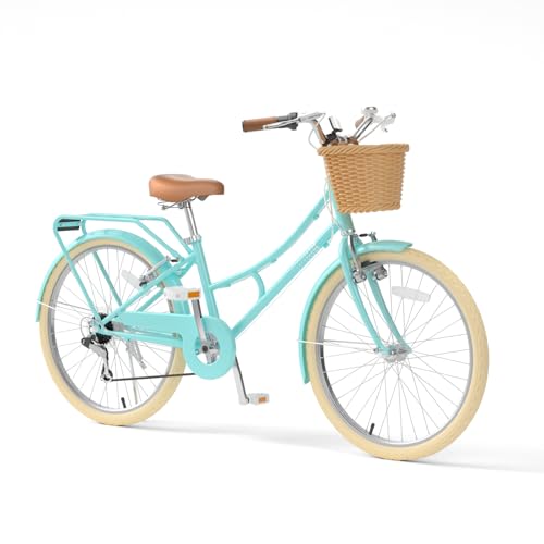 67i 7-Speed Retro Cruiser Bike for Girls Youth, 20/24/26 Inch Girls Bike Lightweight Hybrid City Bike with Wicker Basket & Rear Rack, Durable Steel Frame for Ages 6-14 (24 inch, Ight Green)