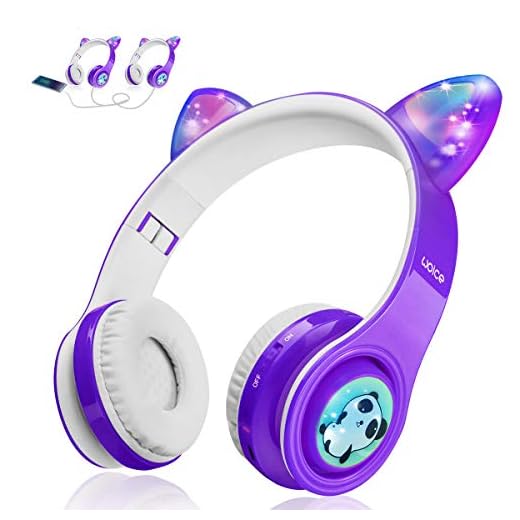 Woice Kids Wireless Bluetooth Headphones, LED Flashing Lights, Music Sharing Function, Long Lasting Battery and 85db Volume Limited Children Bluetooth Headphones for Boys Girls (Purple)