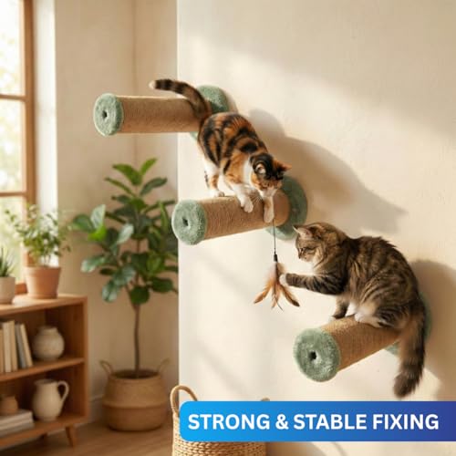 Image of Wall-Mounted Cat Scratching Poles, Natural Jute, Blue Plush Ends, Space-Saving Design (10X5 INCH) (FURR-155) (Green)