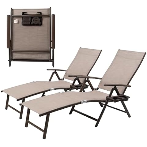 Kozyard Cozy Aluminum Reclining Lounge Chair for Beach Yard Pool Deck Patio - Outdoor Chaise Lounge with Drink Holder, Weather Free, Adjustable - Assemble-Free (2 Pack, Beige) Cover