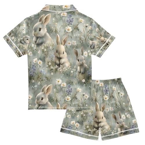 senya Watercolor Bunnies Rabbits1 Satin Summer Pajama Sets Silk Short Sleeve Button Down Sleepwear2