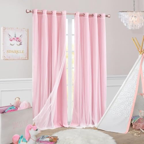 Image of SOFJAGETQ Short Pink Curtains 63 Inch Long- Blackout Curtains with Voile Sheer Drapes Thermal Pink Window Treatments with Tie-Backs for Kids/Girls Bedroom Nursery Living Room, Elegant, 2 Panels
