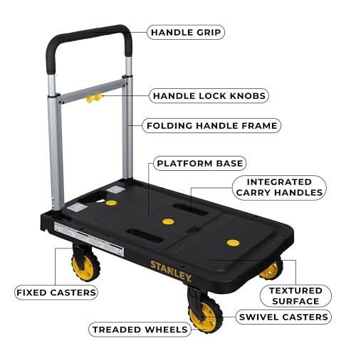 Image of STANLEY SXWT-PC517-SP Flat-Folding Aluminium Platform Truck, 120kg Load Capacity, Soft Grip Handle, Platform with Basket Pin Slots, Open Dimn: 68x41x92 cm, Folded Dimn: 68x41x80 cm