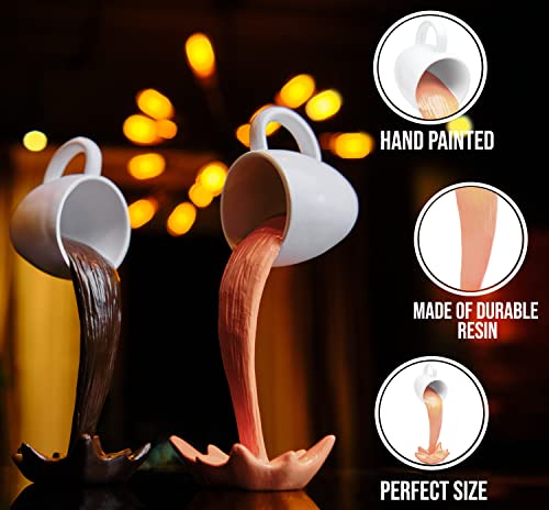 Halatium Floating Mug Coffee Cup Sculpture Set Of 2 Hand-Painted, 8.7 In. Tall Mugs Spilling 2 Colors Of Coffee – Cafe Or Kitchen Decor, Decorations, & Accessories For Coffee Bar Decor Or Station #TOP3