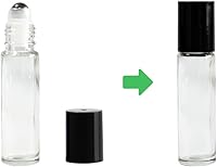 Vista 4 de Botellas de vidrio transparente de 0.3 fl oz con bolas de rodillo de acero inoxidable y tapas negras, paquete de 24 (transparente)