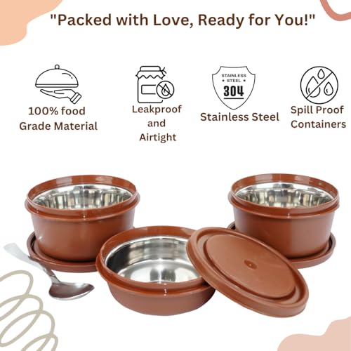 Image of KOI Insulated Lunch Box Set | 3 Inside Steel Containers (290ml, 450ml, 600ml) with BPA Free Lid | Leakproof Microwave Safe Tiffin | Adjustable Shoulder Strap Lunch Bag for Office Travel, Mempish Brown