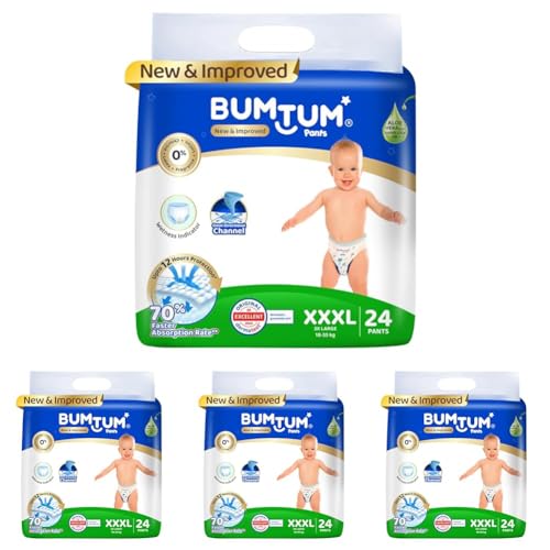 Image of Bumtum Baby Diaper Pants, XXXL Size 24 Count, Double Layer Leakage Protection Infused with Aloe Vera, Cottony Soft High Absorb Technology (Pack of 4, 18-35 kg)