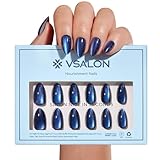 VSALON Press on Nails Short Almond - Blue Cat Eye Chrome Glue On Nails Kit for Women, Halloween Reusable Opaque Gel Stick on Nails with Glue & Cuticle Oil - 32 PCS Fake Nails in 16 Sizes