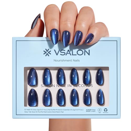 VSALON Press on Nails Short Almond - Blue Cat Eye...