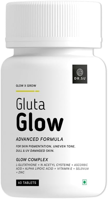 Dr. Su Gluta Glow Supplement | Liposomal Glutathione with 500 mg L-Glutathione along with Vitamin C, E, Zinc, Selenium & NAC | For Pigmentation, Dull & UV-Damaged Skin | 2 Tablets/Day | 60 Capsules | Unisex | Skin Radiance Support