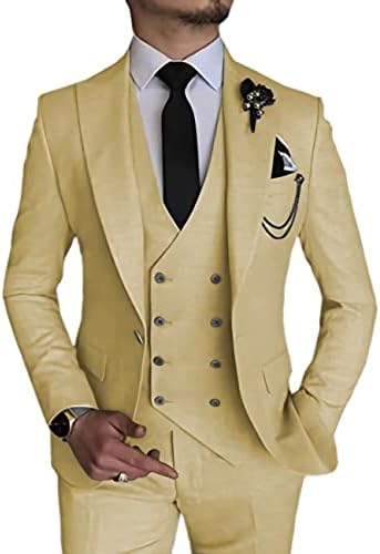 TUIGOWNFIT Champagne Suit for Men Slim Fit 3 Piece Suits Casual Dress Suits Double Breasted Vest Formal Wedding Suit XXS
