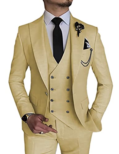 Tuigownfit Champagne Suit For Men Slim Fit 3 Piece Suits Casual Dress Suits Double Breasted Vest Formal Wedding Suit Xxs #TOP27