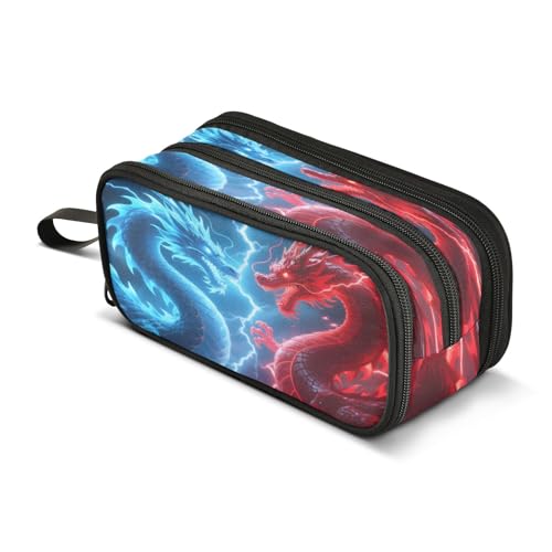 Image of Blue Red Dragon Showdown Pencil Case 3 Compartment Pen Bag Pouch Holder Box School Portable Stationery Storage Bag for Girls Boys