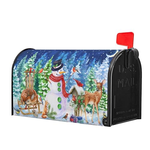 Image of Christmas Mailbox Cover Winter Mailbox Wraps Magnetic Standard Size 25x21 in Watercolor Xmas Tree Deers Snowman Post Letter Box Cover for Home Garden Outdoor Yard