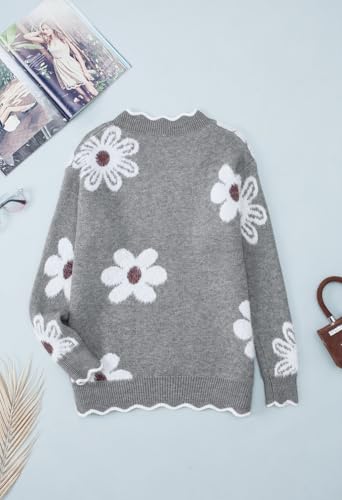 Pink Queen V Neck Oversized Sweater For Women Vacation Long Sleeve Flower Pattern Loose Knit Pullover Tops Autumn Fluffy Fuzzy Jumper Sweater Grey S thumb #7