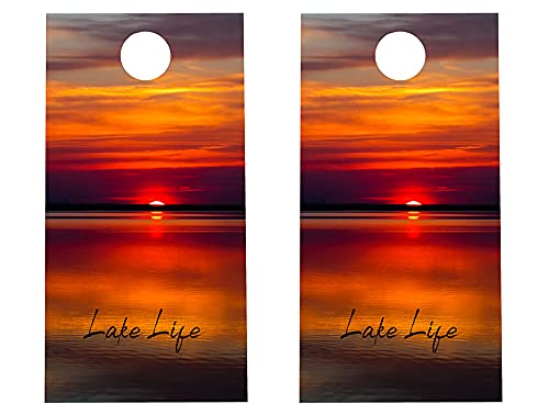Cornhole Board Wraps 402 - Lake Life Sunset Cornhole Game Graphic Decals - Includes Application Squeegee - Set of (2) 25