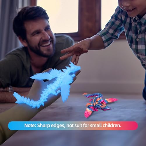 Image of 2 Pack 3D Printed Dragon with Wings - 9 inch Flying Dragon, Flexible Articulated Winged Animal, Office Desk Pet Toy, Home Decor, Easter Basket Stuffers (Candy Rainbow+ Glow Blue)