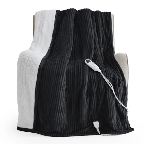 Image of Bedsure Ribbed Heated Blanket Throw XL, Black Electric Blanket, Preheat