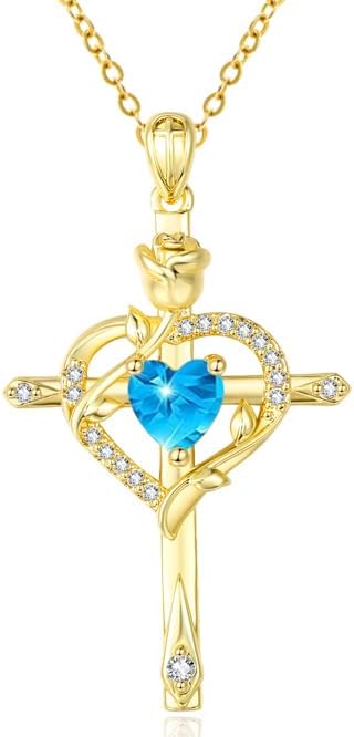 Cross Necklace for Women Gold 14K 18K Gold Plated Dainty Heart Birthstone Rose Necklaces Everyday Jewelry Baptism Faith Anniversary Christmas Birthday Gifts for Wife Mom
