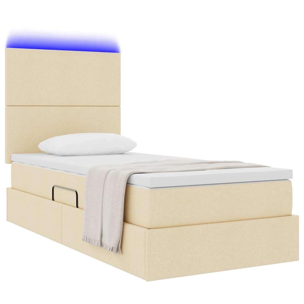 Cama de almacenamiento LED con colchón color crema, 90 x 190 cm, tela de madera, cama de almacenamiento con cabecero ajustable y tira LED para dormitorio, comodidad, estructura de madera