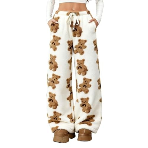 Ivicoer Women's Warm Fleece Pajama Pants Fluffy Plush Cute Printed Elastic Waist Winter Warm Soft Pj Bottoms White Bear Medium