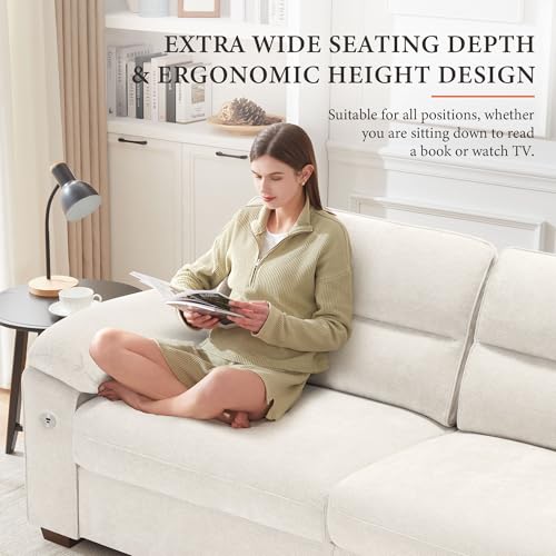 Image of Ihanherry 90.5 inch Modern Sofa 2-Seater Couch for Living Room, Chenille Pillow-Armrest with Extra Large Seat Width, USB /Type-C Charging Port & Side Pocket, Removable Medium Firm Cushion(Beige)