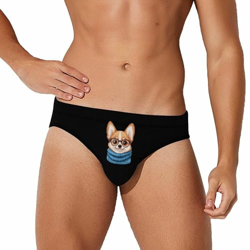 Corgi Dog with Scarf Printed Swim Briefs for Men Sexy Bikini Swimwear Elastic Beach Trunks Bathing Suit