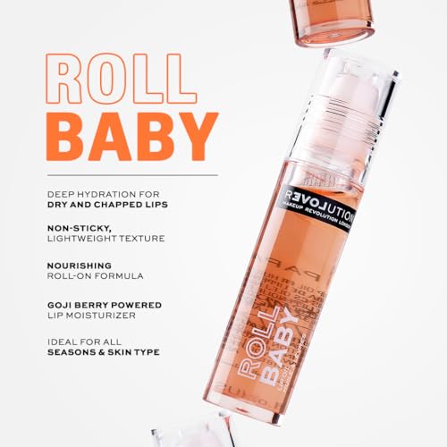 Image of Makeup Revolution Relove Roll Baby Lip Oil- Papaya | Deeply Hydrating Lip Oil for Dry, Cracked Lips | Lightweight, Non-Sticky, Glossy Lip Care with Nourishing Goji Extract- 8ml (Pack of 2)