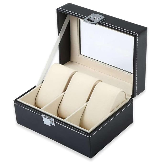 Image of Faux Leather Finish 3 Slot Cavity Wrist Watch Storage Box Display Case Organizer with Glass Window